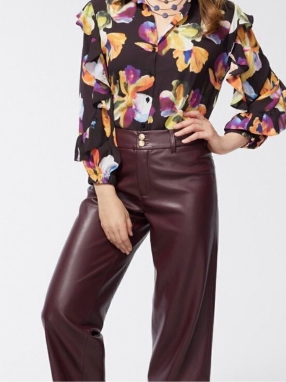 Chico's chiffon botanical Black Floral Ruffle-Sleeve Button Blouse - Picture 2 of 11